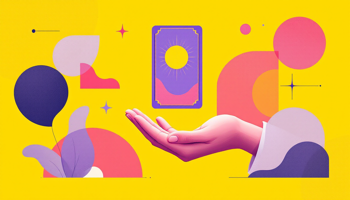 Daily tarot card pull ritual illustration with bold yellow and purple Gen Z aesthetic
