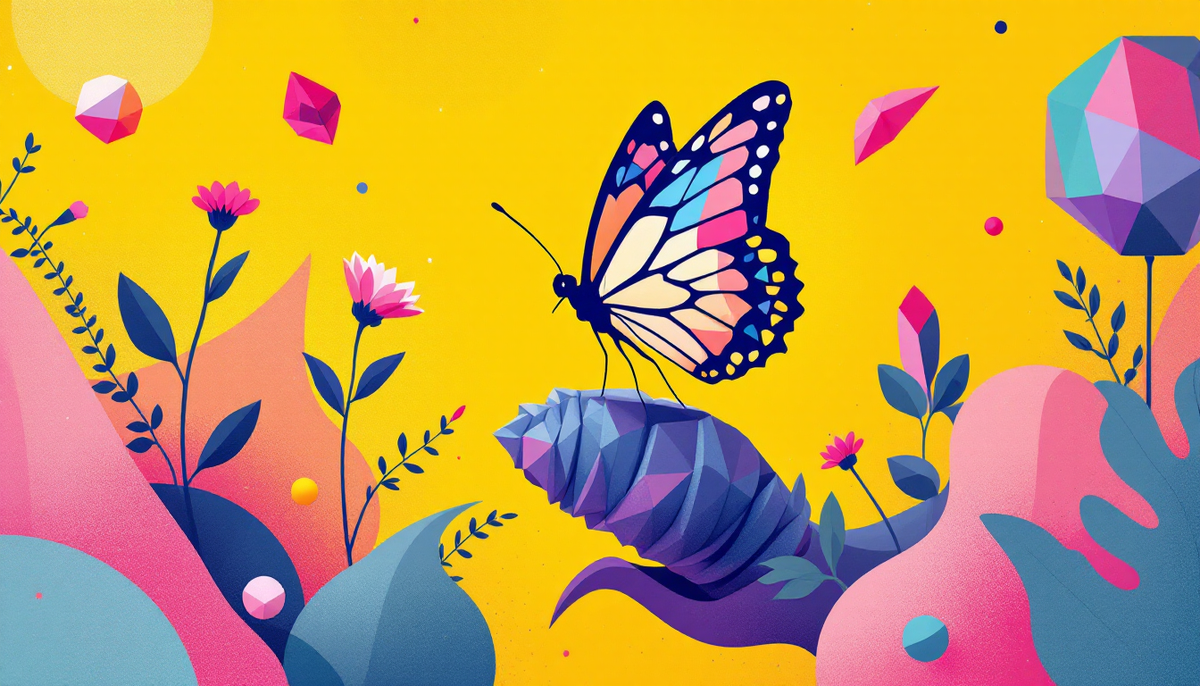 Death card tarot meaning illustration - butterfly transformation in bold yellow pink and purple brutalist design